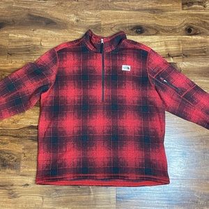 The North Face brand half-zip pullover sweater — Red and Black plaid pattern